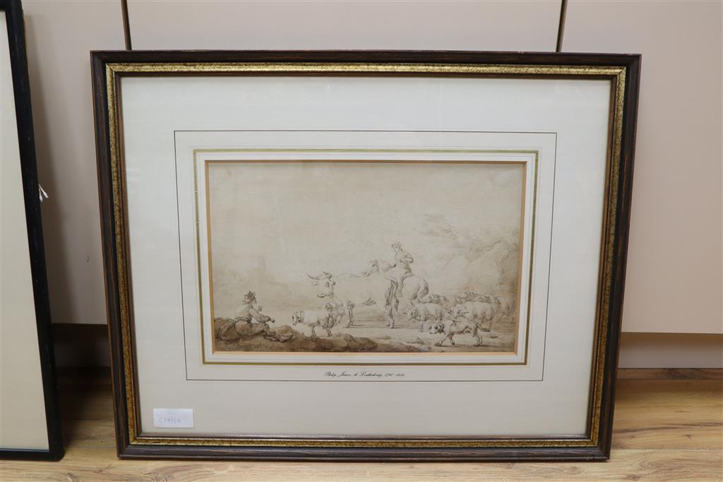 Attributed to Philip James de Loutherbourg (1740-1812), ink and watercolour, Drover on a lane, bears signature lower left, 23 x 37cm